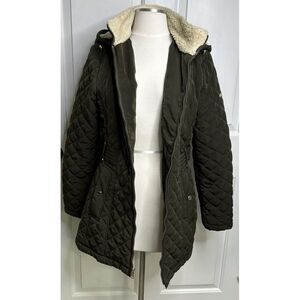 Laundry Shelli Segal Quilted Coat Women’s Medium Detachable Hood Green + Stain**